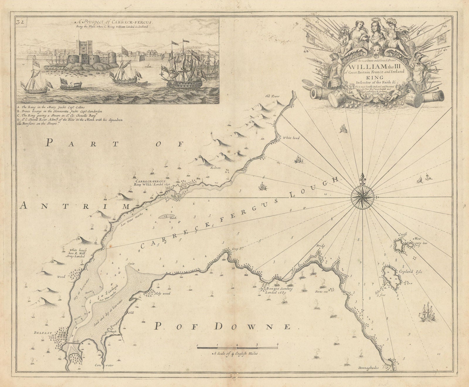 BELFAST LOUGH sea chart. 1690 William III at Carrickfergus. COLLINS 1723 map